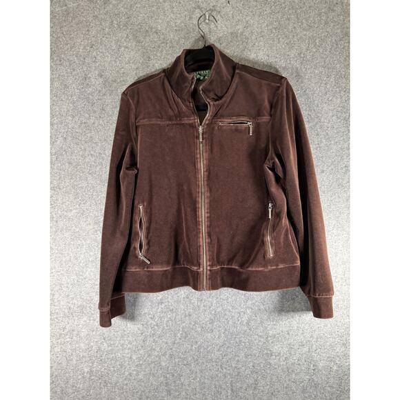 Lauren Ralph Lauren Jacket Women Large Petite‎ Brown Velour Long Sleeve Full Zip - Picture 1 of 6